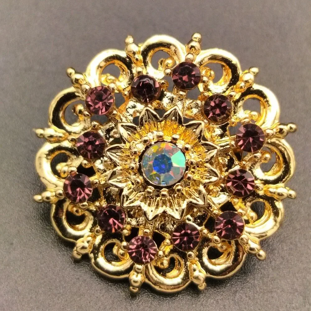Vintage Style Gold Tone Amethyst Purple & AB Rhinestone Floral Brooch Pin
